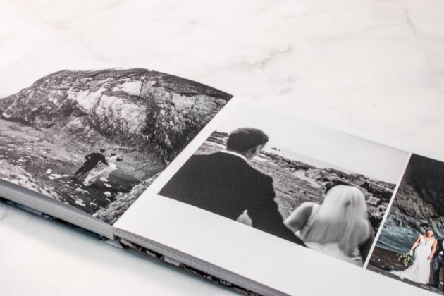 Monochrome spread of images in a wedding photobook