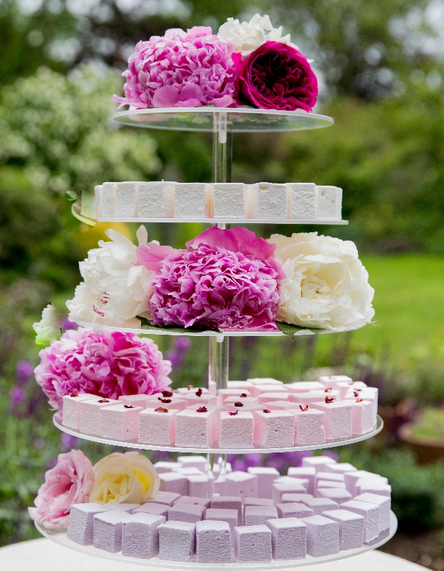 marshmallow tower in pink with pink flowers