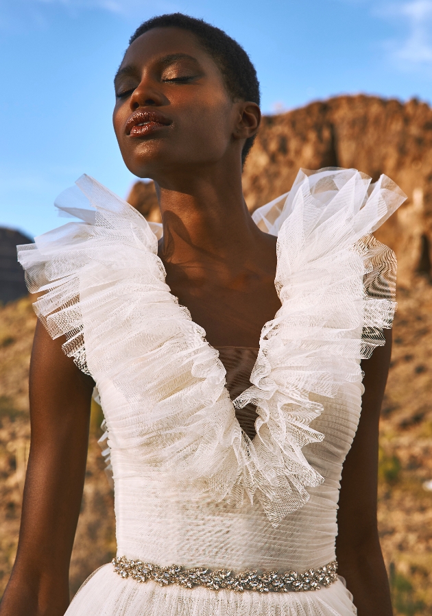 Model wearing dress with statement tulle collar