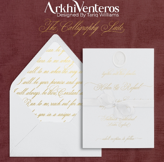 stationery suite in white with gold calligraphy