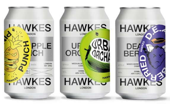 three cider cans in a row with colorful logos on silver cans