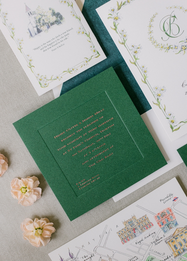 New stationery range in green and gold with illustrations