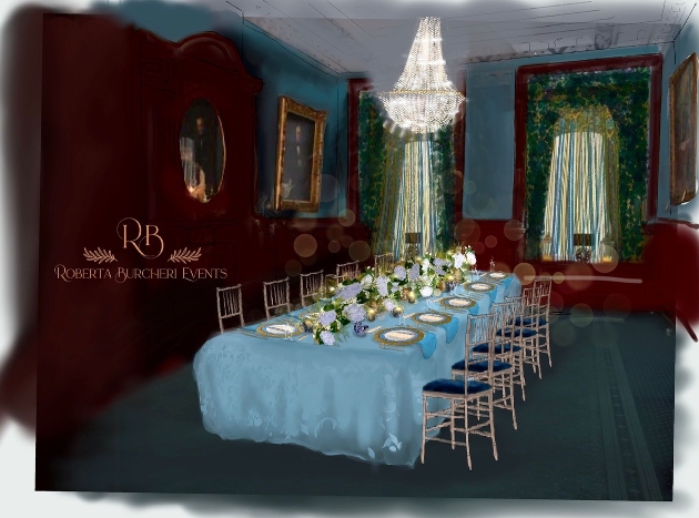 hand drawn sketch of wedding table with chandelier above it in historic room