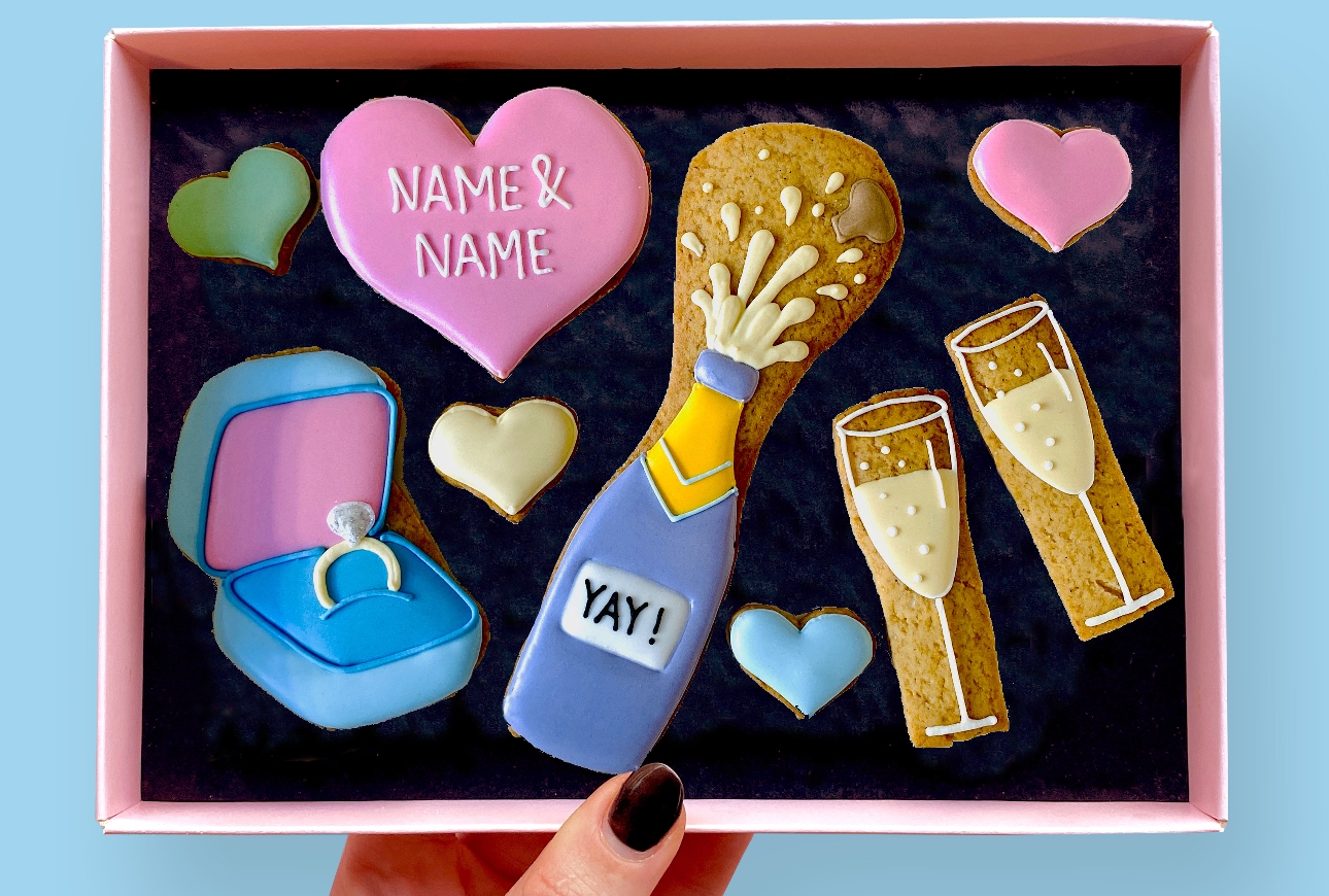 engagement themed cookies in a box 
