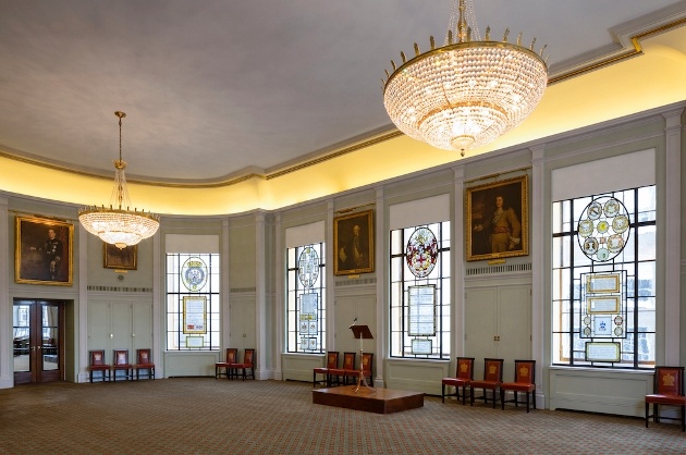 London's Trinity House's reception room with large chandeliers