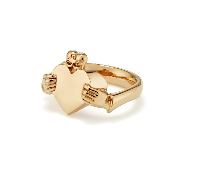 gold ring of hands holding a heart