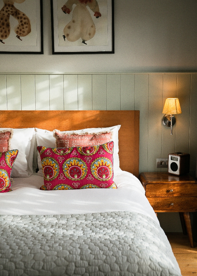 hotel bed wood panelling, oak furniture, alternative decor 