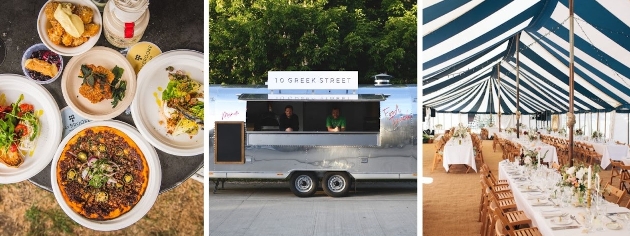 three images of food, food truck, and tables