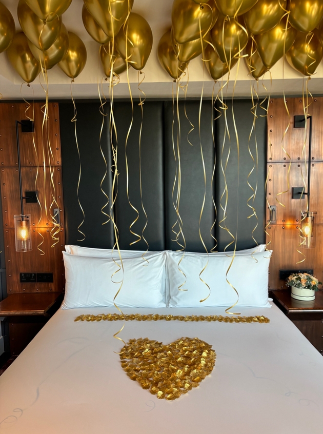 Bedroom decorated for a wedding at Stratford's The Gantry hotel