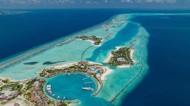 A birds eye view of several islands in the Maldives 