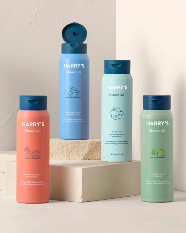 collection of Harry's branded shower gel bottles