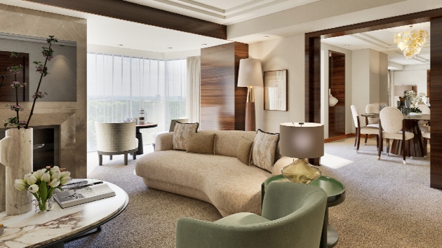 Four Seasons Hotel London at Park Lane renovated room with sycamore panels, Murano lighting, and bespoke furniture.