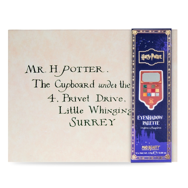Mad Beauty X Harry Potter eyeshadow palette closed to reveal Hogwarts letter