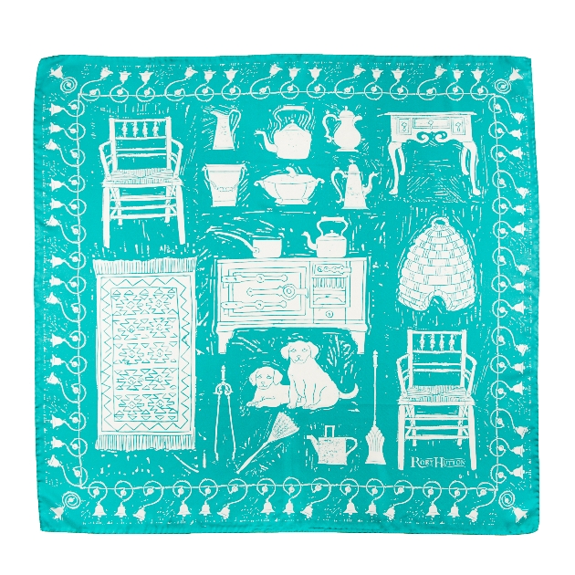 A blue scarf with white drawings